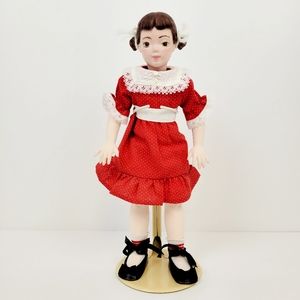 Vtg Bisque Jointed School Girl Doll 13 1/4" Artisan Made~Red White Polka Dress